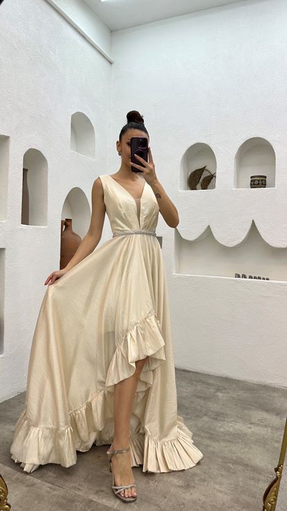 White Belted Flounce Design Evening Dress