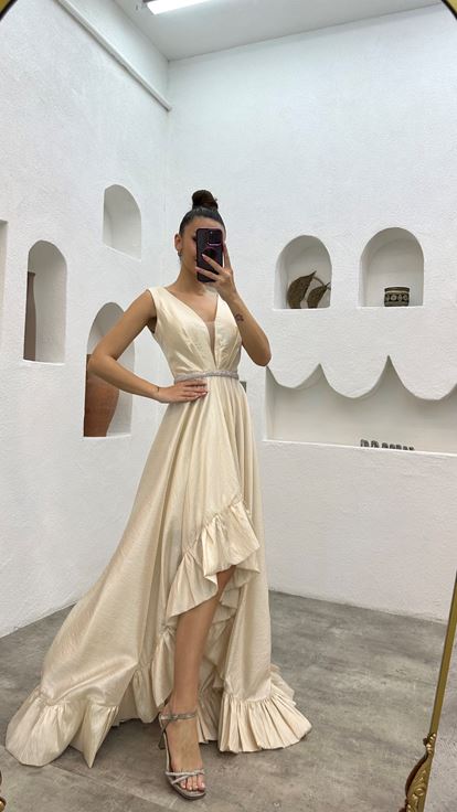 White Belted Flounce Design Evening Dress