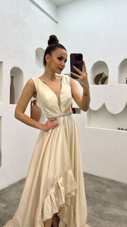 White Belted Flounce Design Evening Dress