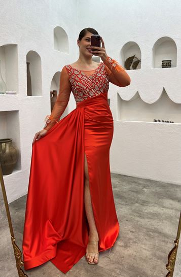 Orange Plus Size Evening Dress with Feathered Sleeves and Embroidered Breast