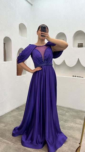Purple Sleeves Flounce Bust Embroidered Plus Size Evening Dress