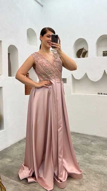 Powder Embroidery Detailed Design Plus Size Evening Dress