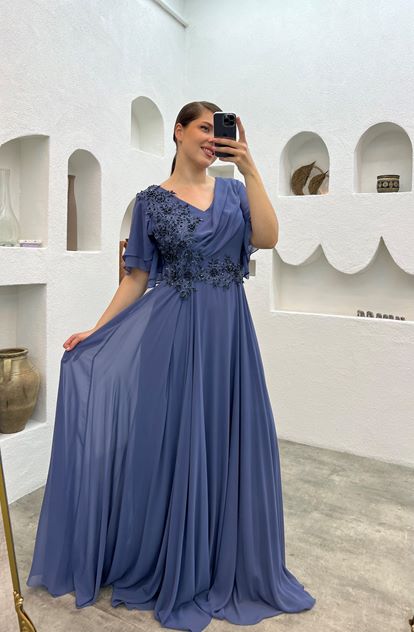İndigo İşlemeli Tül Büyük Beden Abiye Elbise