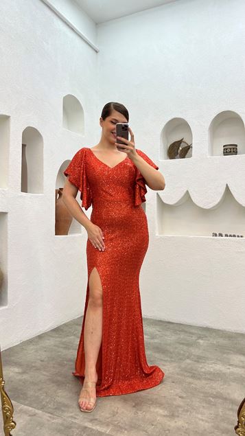 Orange Sequined Design Plus Size Evening Dress