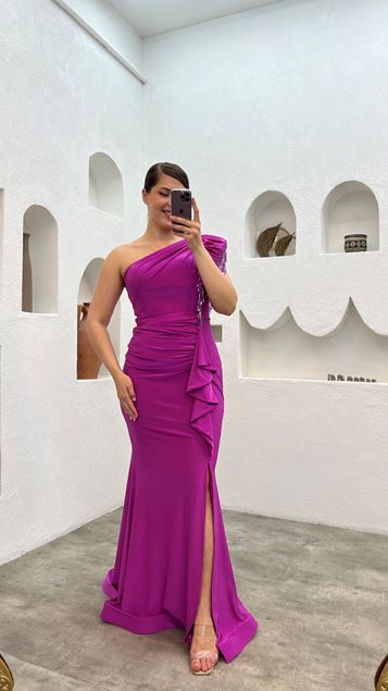 Fuchsia Single Sleeve Embroidered Plus Size Evening Dress