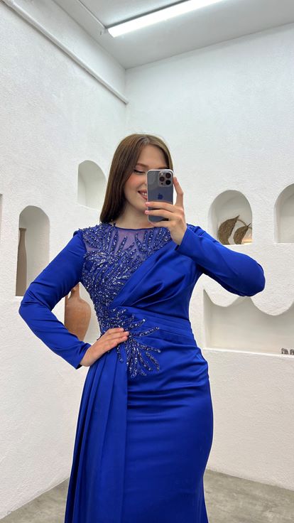 Saks Tül Detay İşlemeli Büyük Beden Abiye Elbise