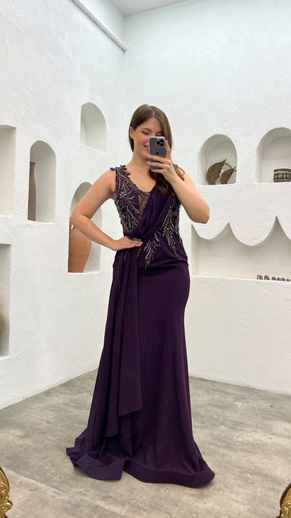 Plum Embroidery Detail Draped Design Plus Size Evening Dress