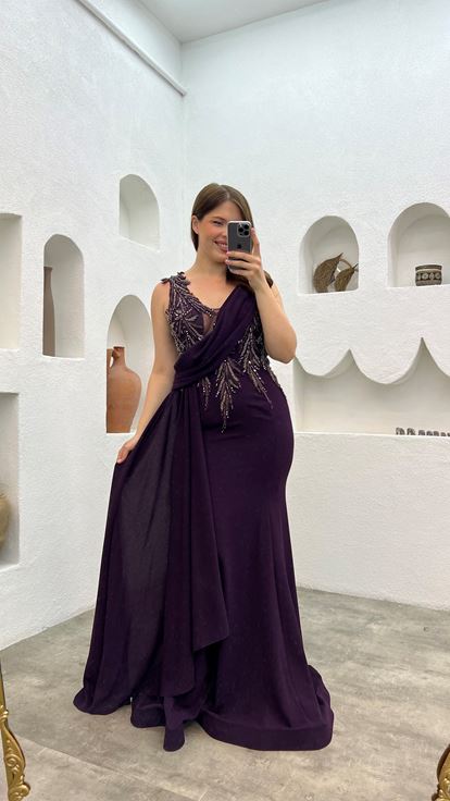 Plum Embroidery Detail Draped Design Plus Size Evening Dress