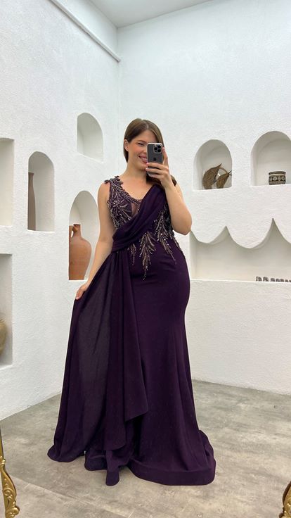 Plum Embroidery Detail Draped Design Plus Size Evening Dress