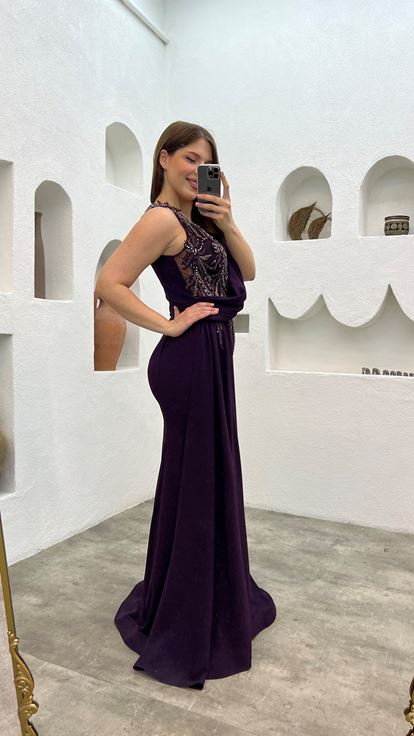 Plum Embroidery Detail Draped Design Plus Size Evening Dress