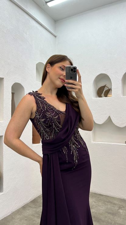 Plum Embroidery Detail Draped Design Plus Size Evening Dress