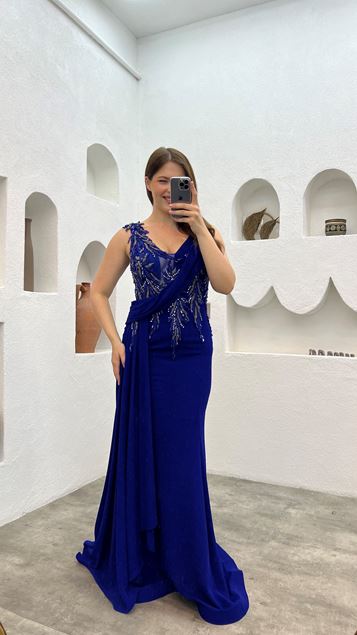 Sax Embroidered Detail Draped Design Plus Size Evening Dress