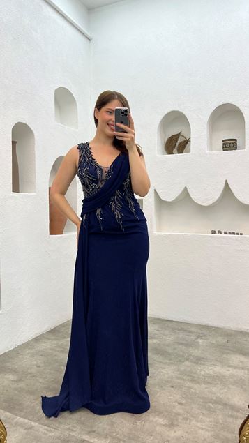 Navy Blue Embroidered Detail Draped Design Plus Size Evening Dress