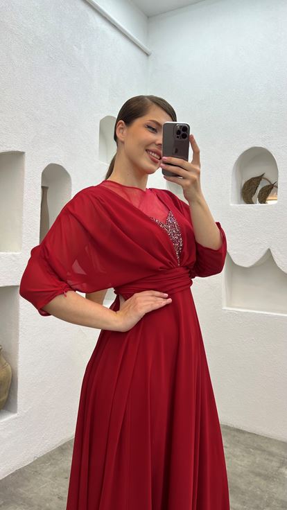 Rouge Poitrine Brodée Tulle Drapé Plus Taille Robe de soirée