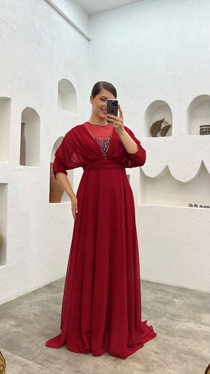 Rouge Poitrine Brodée Tulle Drapé Plus Taille Robe de soirée