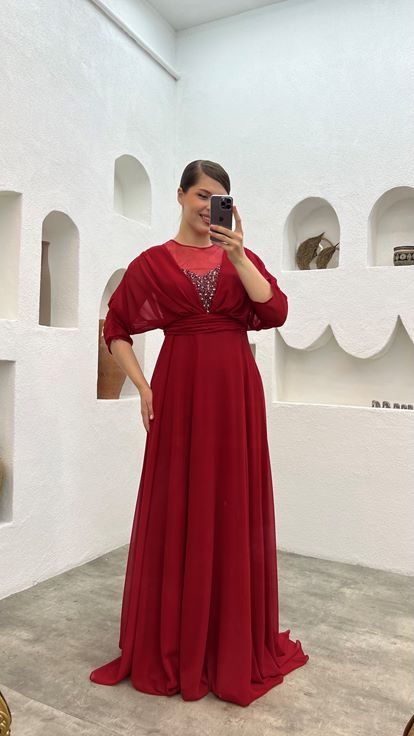 Rouge Poitrine Brodée Tulle Drapé Plus Taille Robe de soirée