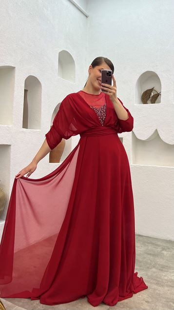 Red Bust Embroidered Draped Tulle Plus Size Evening Dress