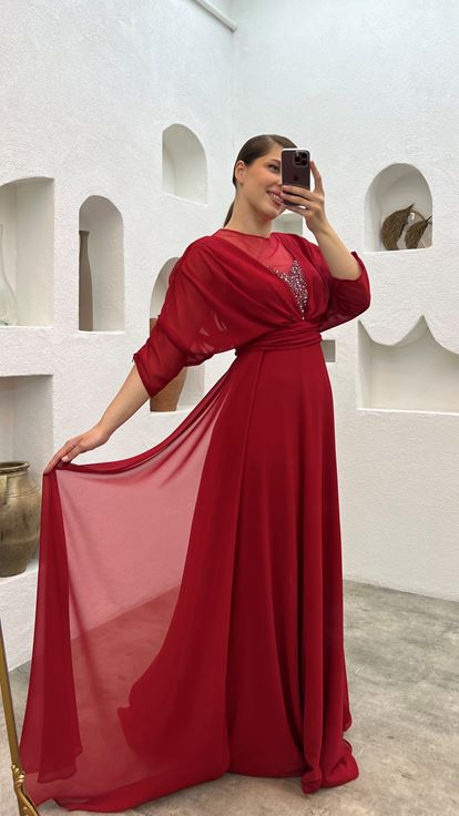 Rouge Poitrine Brodée Tulle Drapé Plus Taille Robe de soirée