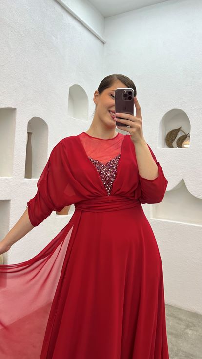 Rouge Poitrine Brodée Tulle Drapé Plus Taille Robe de soirée