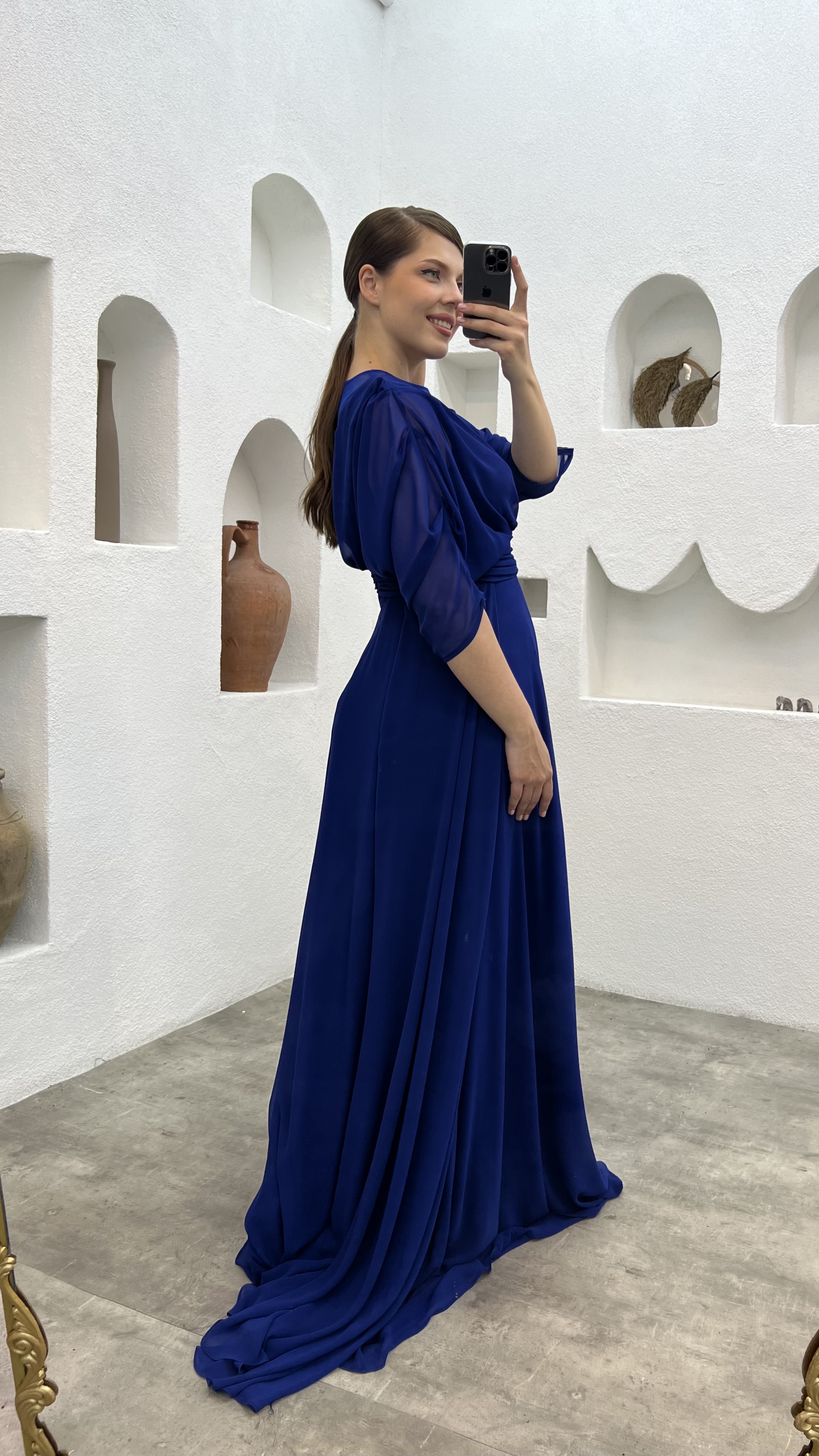 Sax Bust Embroidered Draped Tulle Plus Size Evening Dress