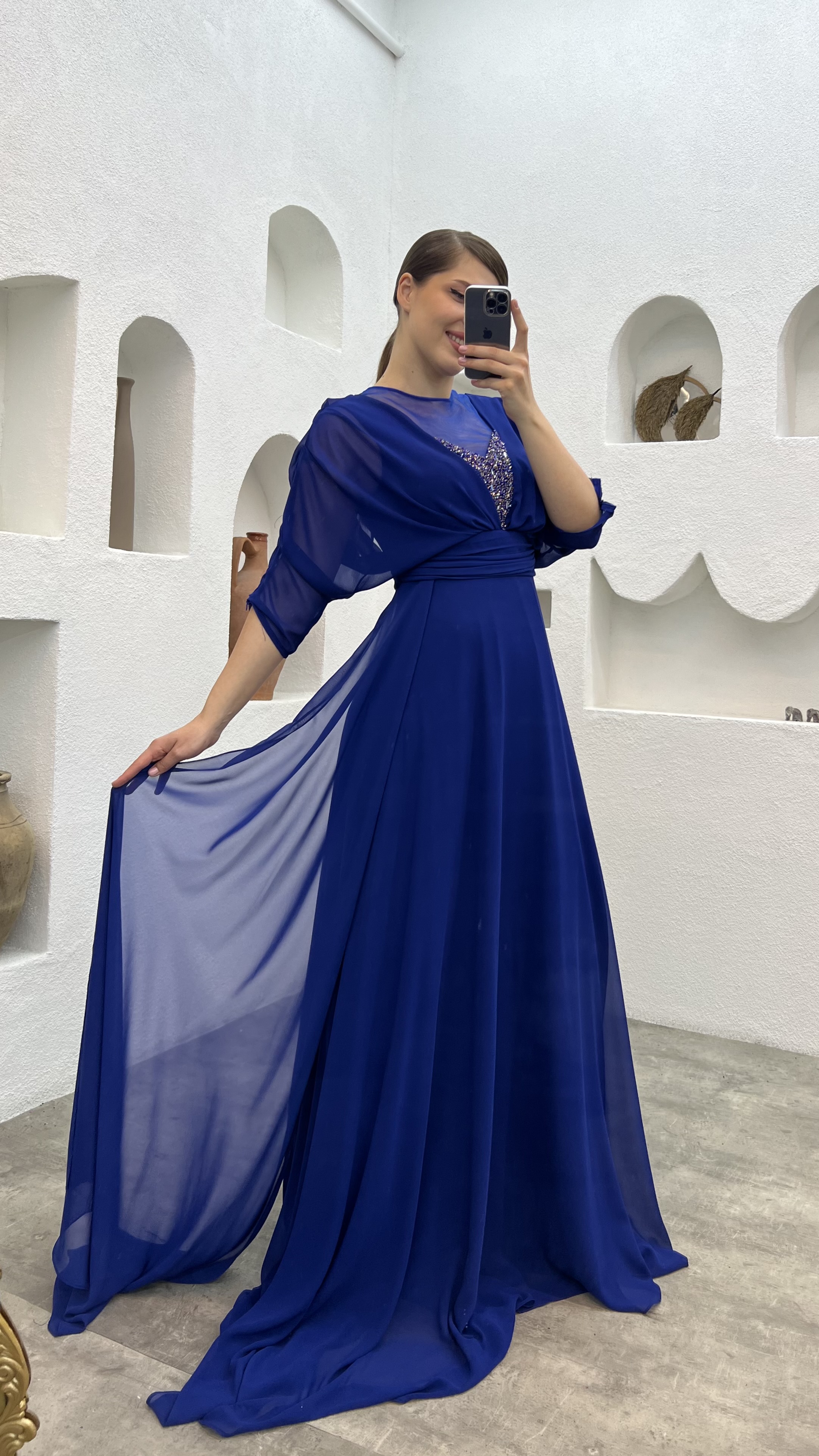 Sax Bust Embroidered Draped Tulle Plus Size Evening Dress