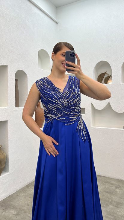 Robe de soirée brodée bleue Plus Taille