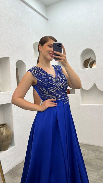 Robe de soirée brodée bleue Plus Taille