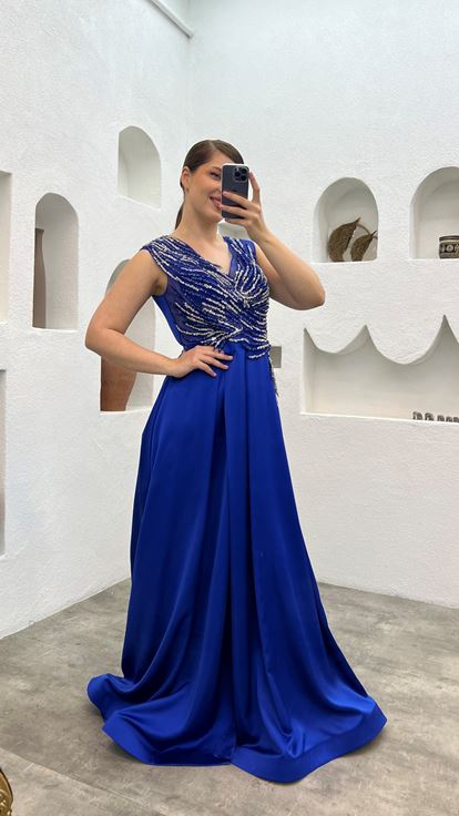 Robe de soirée brodée bleue Plus Taille