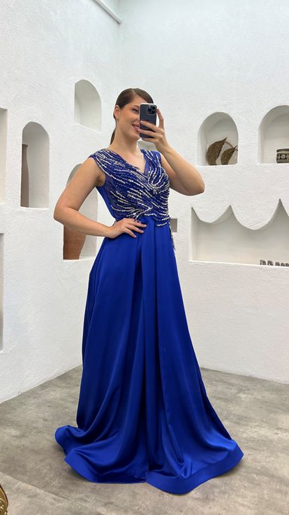 Robe de soirée brodée bleue Plus Taille