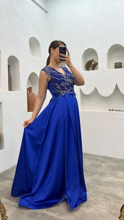 Robe de soirée brodée bleue Plus Taille
