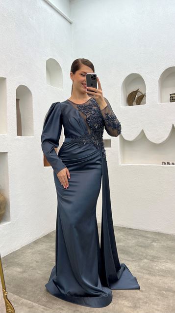 Anthracite Single Sleeve Tulle Detailed Embroidered Design Plus Size Evening Dress