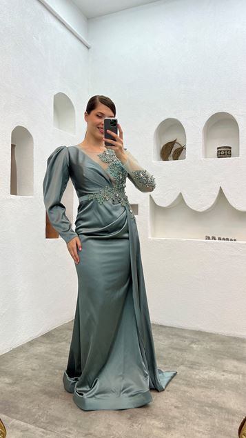 Menthe Vert Single Manches Tulle Détail Brodé Plus Taille Robe de soirée