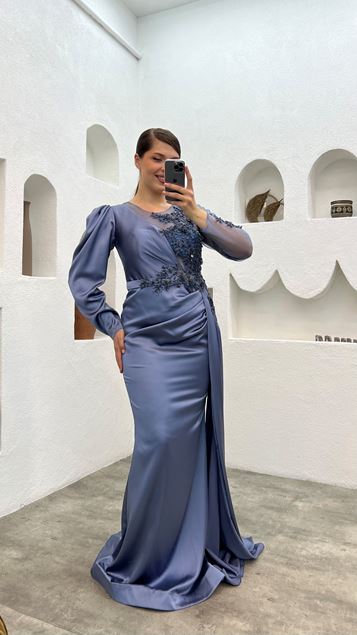 Vestido de noche de tul de una sola manga bordado bordado de una sola manga índigo