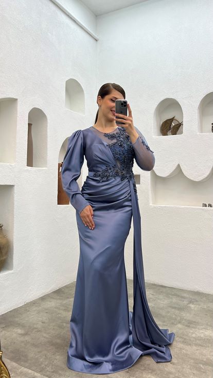 Indigo Single Sleeve Tulle Detailed Embroidered Design Evening Dress