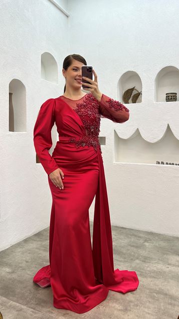 Vestido de noche rojo de tul de una sola manga bordado de talla grande