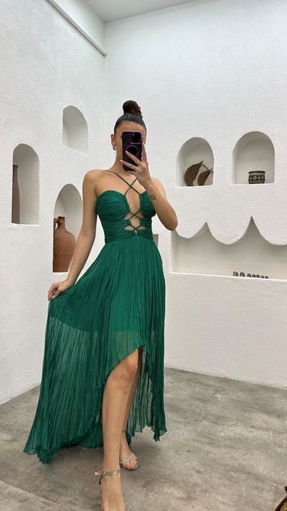 Green Strappy Pleated Evening Dress with Waist Detail
