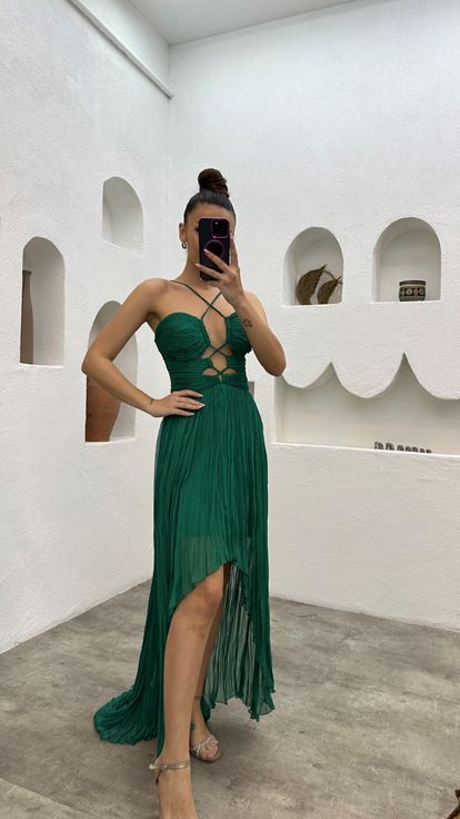Green Strappy Pleated Evening Dress with Waist Detail