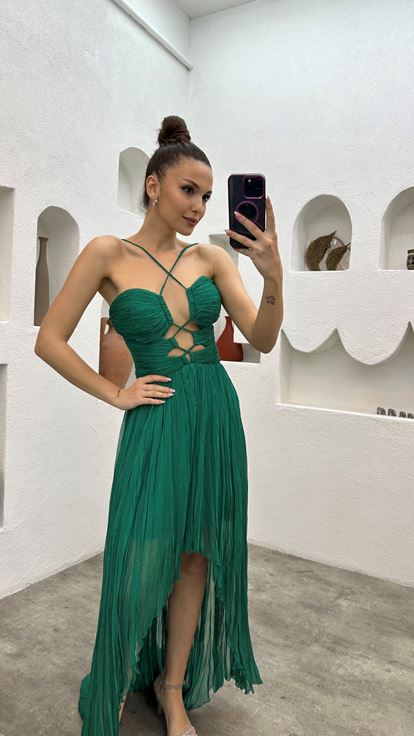 Green Strappy Pleated Evening Dress with Waist Detail