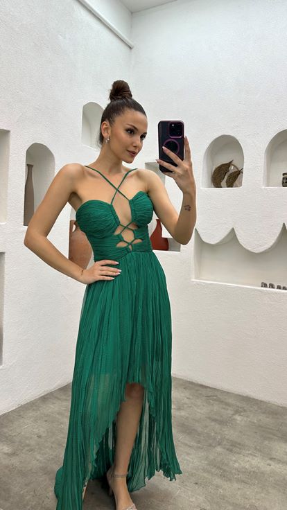 Green Strappy Pleated Evening Dress with Waist Detail