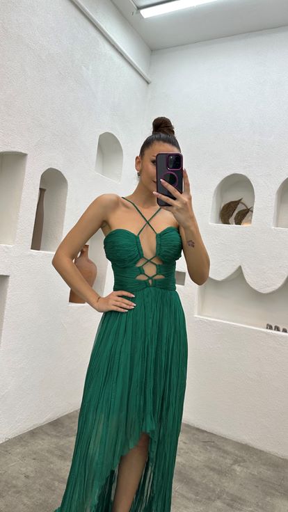 Green Strappy Pleated Evening Dress with Waist Detail