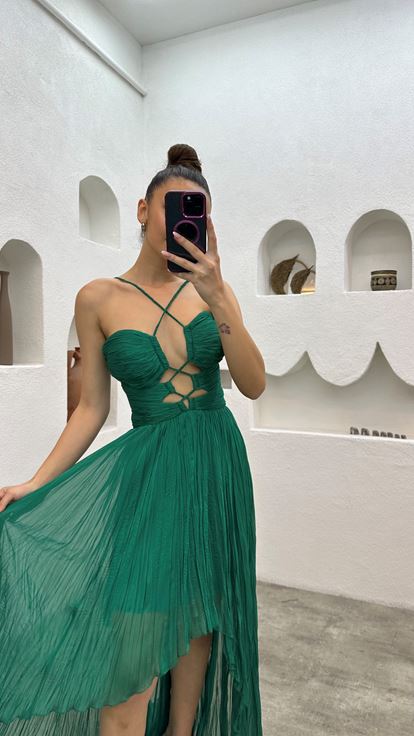Green Strappy Pleated Evening Dress with Waist Detail