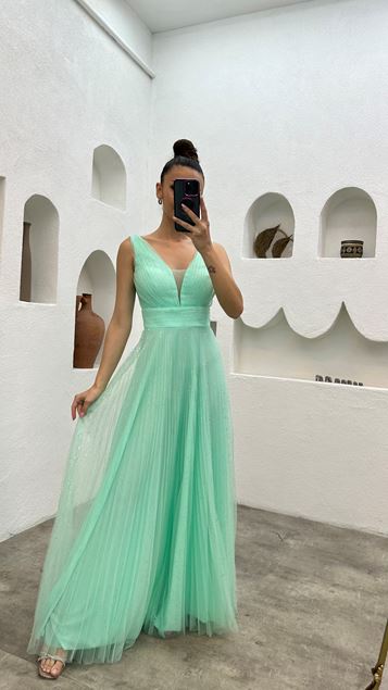 Su Yeşili Simli Tül Abiye Elbise