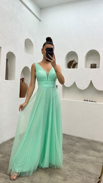 Su Yeşili Simli Tül Abiye Elbise