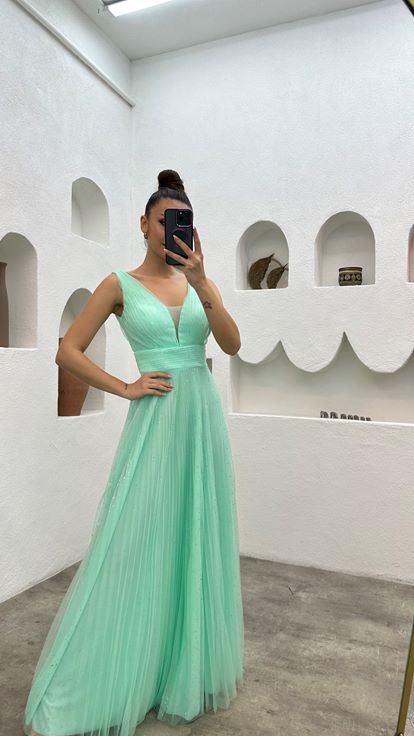 Su Yeşili Simli Tül Abiye Elbise