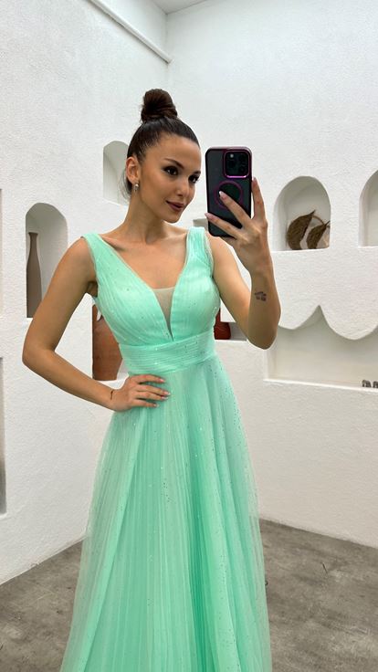 Su Yeşili Simli Tül Abiye Elbise