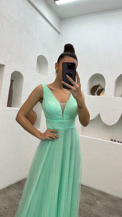 Su Yeşili Simli Tül Abiye Elbise