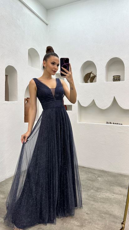 Lacivert Simli Tül Abiye Elbise