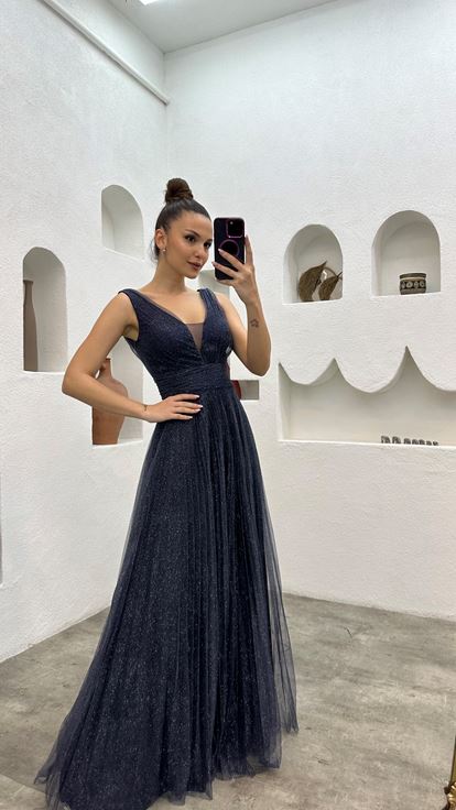 Lacivert Simli Tül Abiye Elbise