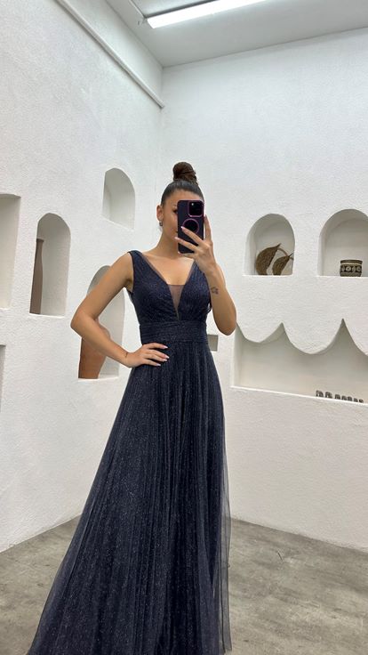 Lacivert Simli Tül Abiye Elbise