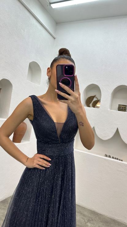 Lacivert Simli Tül Abiye Elbise